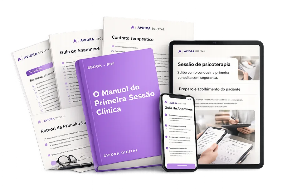 Mockup premium do Manual da Primeira Sessão Clínica, da Aviora Digital